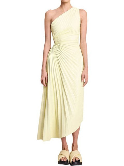 Elegant One-Shoulder Pleated Maxi Dress for Women - Lightweight Long Dress for Summer Events-Cramta