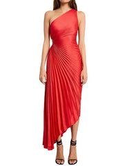 Elegant One-Shoulder Pleated Maxi Dress for Women - Lightweight Long Dress for Summer Events-Cramta