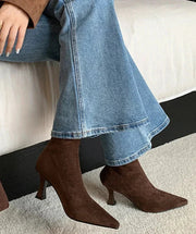 Elegant Pointed Toe Sock Boots with Mid-Height Stiletto Heel – Versatile Suede-Like Ankle Boots