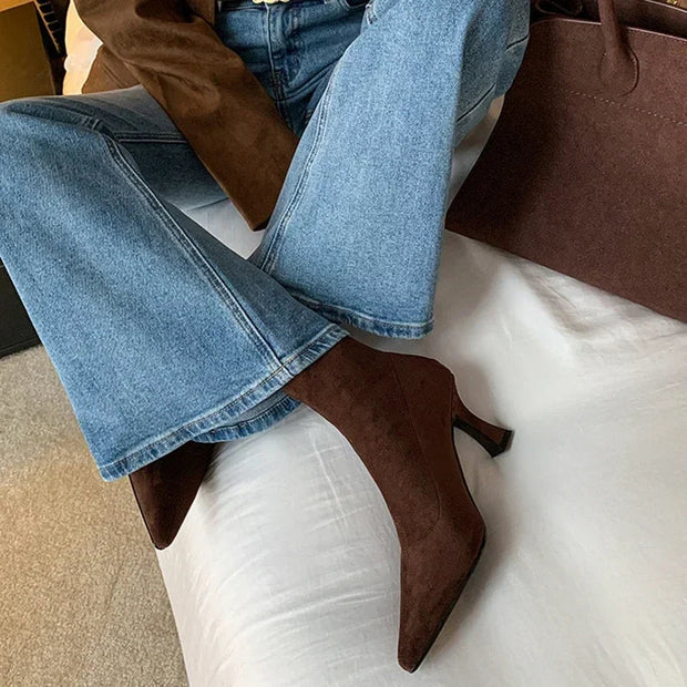 Elegant Pointed Toe Sock Boots with Mid-Height Stiletto Heel – Versatile Suede-Like Ankle Boots
