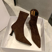 Elegant Pointed Toe Sock Boots with Mid-Height Stiletto Heel – Versatile Suede-Like Ankle Boots