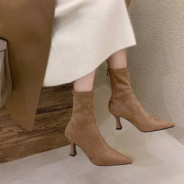 Elegant Pointed Toe Sock Boots with Mid-Height Stiletto Heel – Versatile Suede-Like Ankle Boots