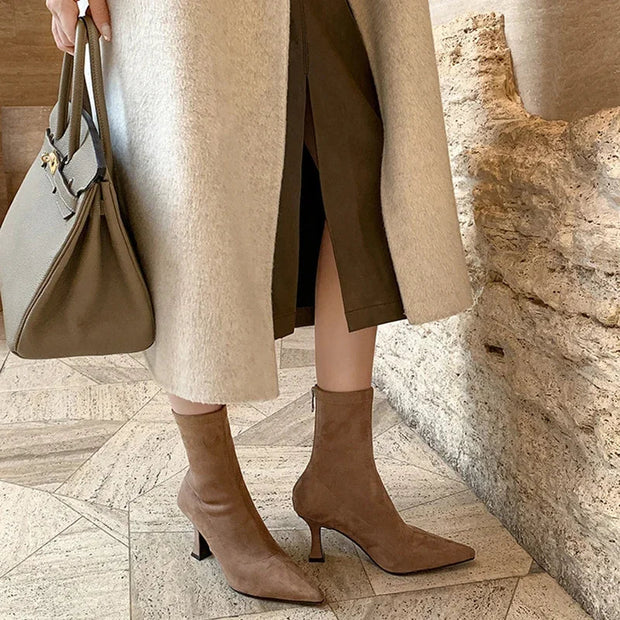 Elegant Pointed Toe Sock Boots with Mid-Height Stiletto Heel – Versatile Suede-Like Ankle Boots