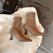 Elegant Pointed Toe Sock Boots with Mid-Height Stiletto Heel – Versatile Suede-Like Ankle Boots