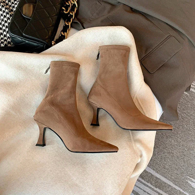Elegant Pointed Toe Sock Boots with Mid-Height Stiletto Heel – Versatile Suede-Like Ankle Boots