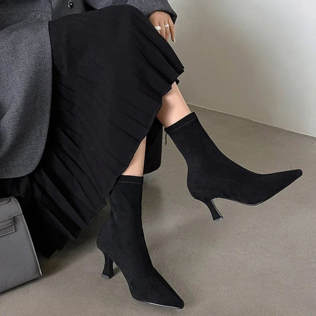 Elegant Pointed Toe Sock Boots with Mid-Height Stiletto Heel – Versatile Suede-Like Ankle Boots