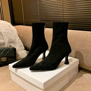 Elegant Pointed Toe Sock Boots with Mid-Height Stiletto Heel – Versatile Suede-Like Ankle Boots