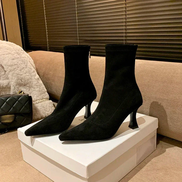 Elegant Pointed Toe Sock Boots with Mid-Height Stiletto Heel – Versatile Suede-Like Ankle Boots
