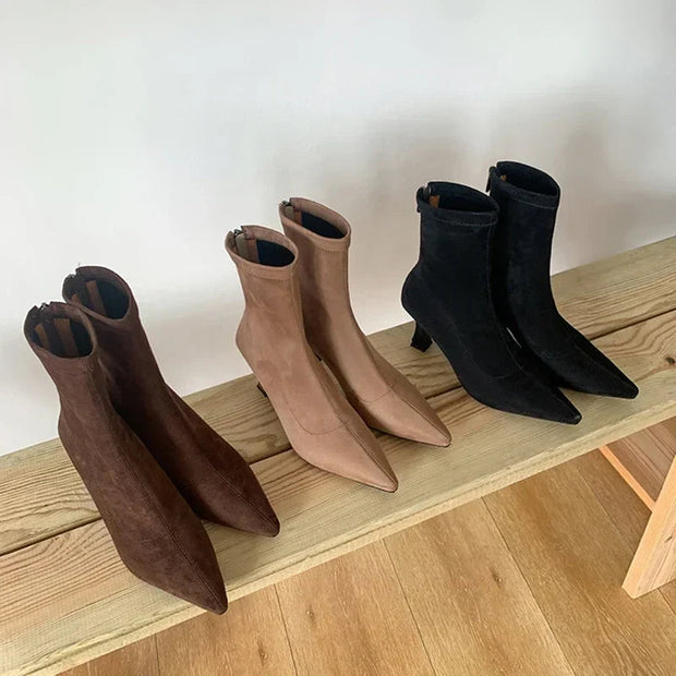 Elegant Pointed Toe Sock Boots with Mid-Height Stiletto Heel – Versatile Suede-Like Ankle Boots