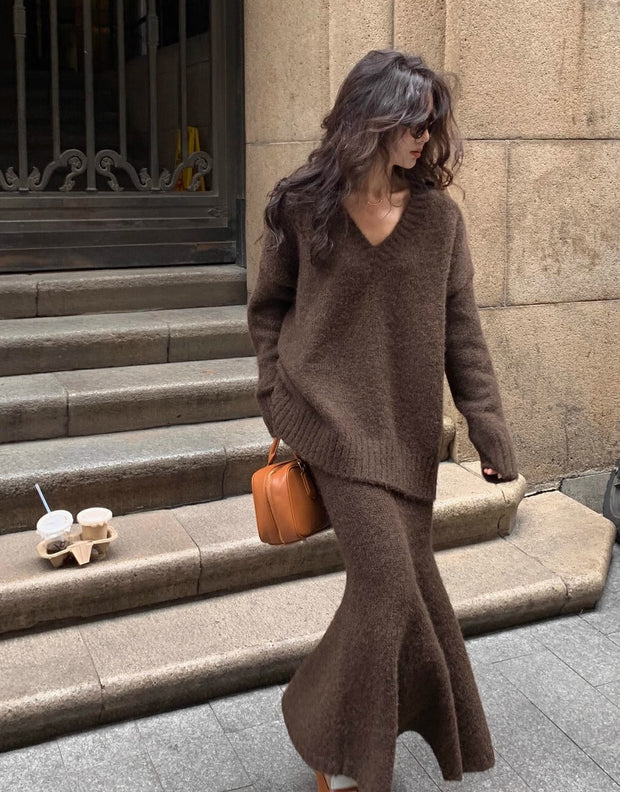 Elegant Soft Knit Sweater and Maxi Skirt Set for Chic Cold-Weather Style