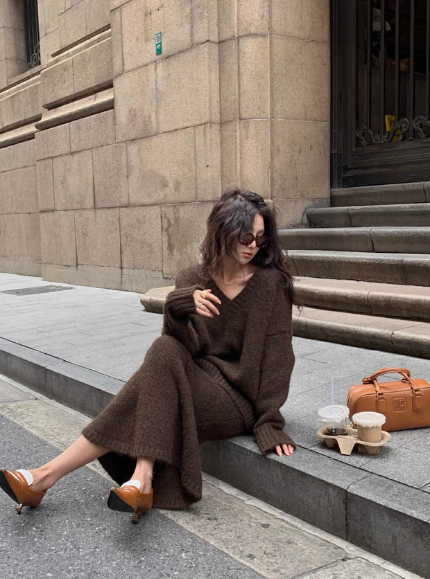 Elegant Soft Knit Sweater and Maxi Skirt Set for Chic Cold-Weather Style
