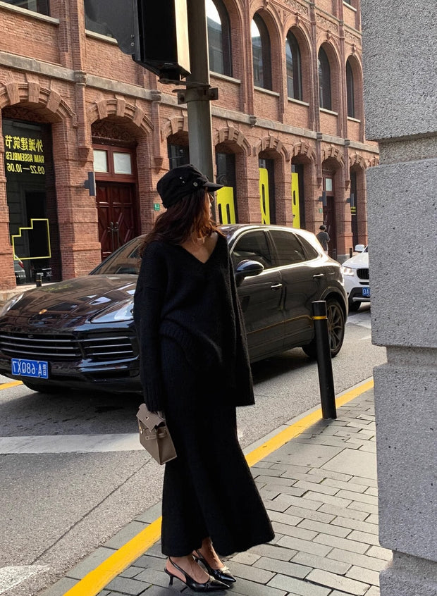 Elegant Soft Knit Sweater and Maxi Skirt Set for Chic Cold-Weather Style