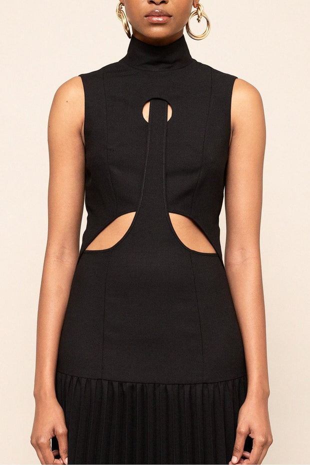 Elegant Women's Black Maxi Dress with Pleated Cutout Design – Size M, 100% Polyester