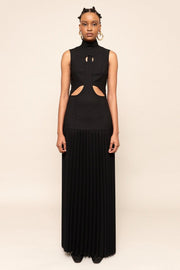 Elegant Women's Black Maxi Dress with Pleated Cutout Design – Size M, 100% Polyester