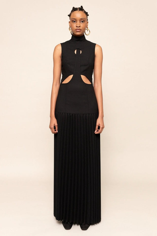 Elegant Women's Black Maxi Dress with Pleated Cutout Design – Size M, 100% Polyester
