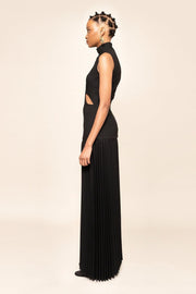 Elegant Women's Black Maxi Dress with Pleated Cutout Design – Size M, 100% Polyester