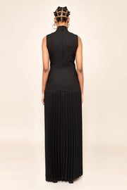 Elegant Women's Black Maxi Dress with Pleated Cutout Design – Size M, 100% Polyester