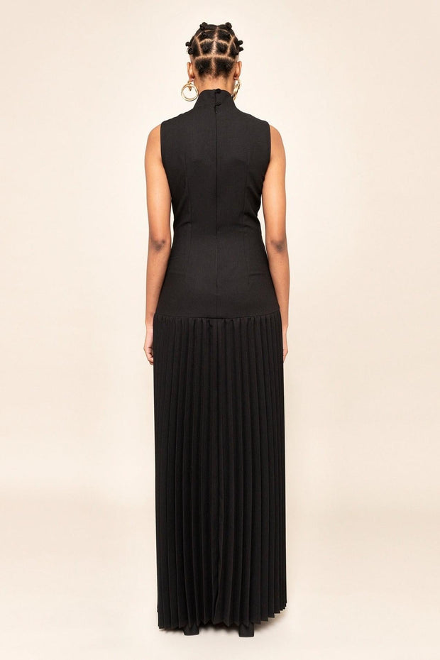 Elegant Women's Black Maxi Dress with Pleated Cutout Design – Size M, 100% Polyester