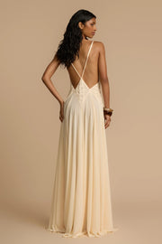 Elegant Women's Black Maxi Dress with Plunging V-Neckline and Open-Back Design – Size M