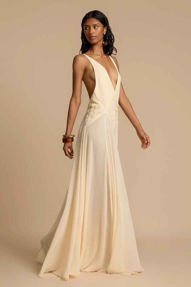 Elegant Women's Black Maxi Dress with Plunging V-Neckline and Open-Back Design – Size M