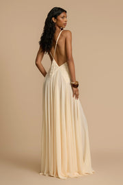 Elegant Women's Black Maxi Dress with Plunging V-Neckline and Open-Back Design – Size M