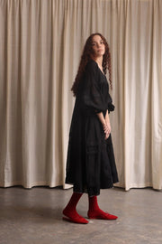 Elegant Women's Black Midi Dress with V-Neck and Exaggerated Sleeves – Perfect Cocktail or Formal Dress