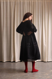 Elegant Women's Black Midi Dress with V-Neck and Exaggerated Sleeves – Perfect Cocktail or Formal Dress