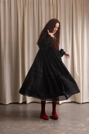 Elegant Women's Black Midi Dress with V-Neck and Exaggerated Sleeves – Perfect Cocktail or Formal Dress