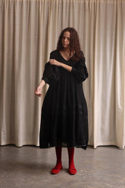 Elegant Women's Black Midi Dress with V-Neck and Exaggerated Sleeves – Perfect Cocktail or Formal Dress