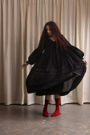 Elegant Women's Black Midi Dress with V-Neck and Exaggerated Sleeves – Perfect Cocktail or Formal Dress
