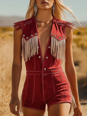 Elegant Women's Red Suede Jumpsuit with Western Cowboy Style – Size M