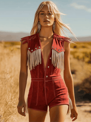 Elegant Women's Red Suede Jumpsuit with Western Cowboy Style – Size M