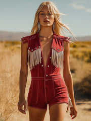 Elegant Women's Red Suede Jumpsuit with Western Cowboy Style – Size M