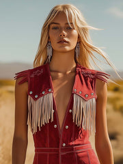 Elegant Women's Red Suede Jumpsuit with Western Cowboy Style – Size M
