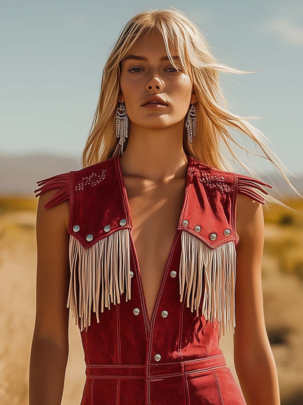 Elegant Women's Red Suede Jumpsuit with Western Cowboy Style – Size M