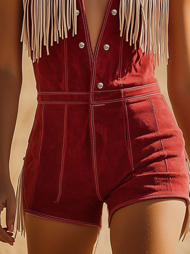Elegant Women's Red Suede Jumpsuit with Western Cowboy Style – Size M