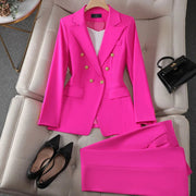 Elegant Women's Suit Set - Double-Breasted Blazer with Gold Buttons & Wide-Leg Pants for Professional Look
