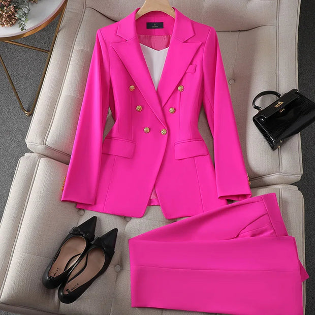 Elegant Women's Suit Set - Double-Breasted Blazer with Gold Buttons & Wide-Leg Pants for Professional Look