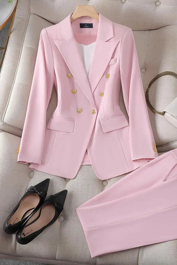 Elegant Women's Suit Set - Double-Breasted Blazer with Gold Buttons & Wide-Leg Pants for Professional Look