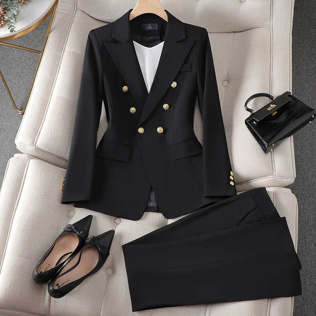 Elegant Women's Suit Set - Double-Breasted Blazer with Gold Buttons & Wide-Leg Pants for Professional Look