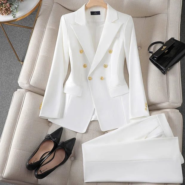 Elegant Women's Suit Set - Double-Breasted Blazer with Gold Buttons & Wide-Leg Pants for Professional Look