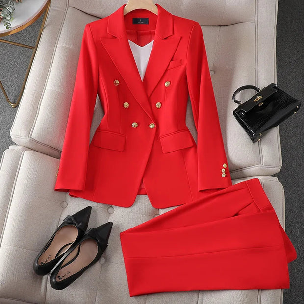 Elegant Women's Suit Set - Double-Breasted Blazer with Gold Buttons & Wide-Leg Pants for Professional Look