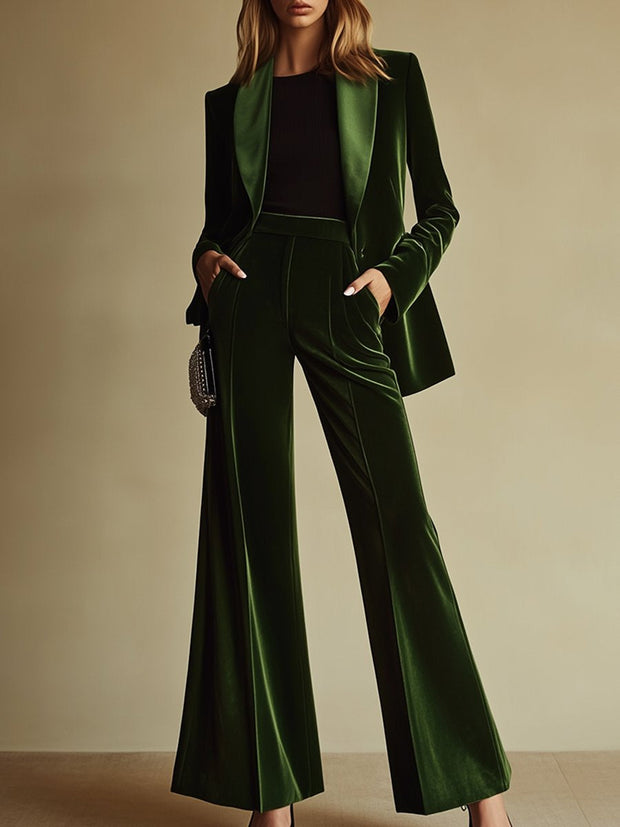 Elegant Women's Velvet Suit - Green Loose Fit Blazer and Wide-Leg Pants Set, Stylish Pant Suit for Women, Sizes S-4XL