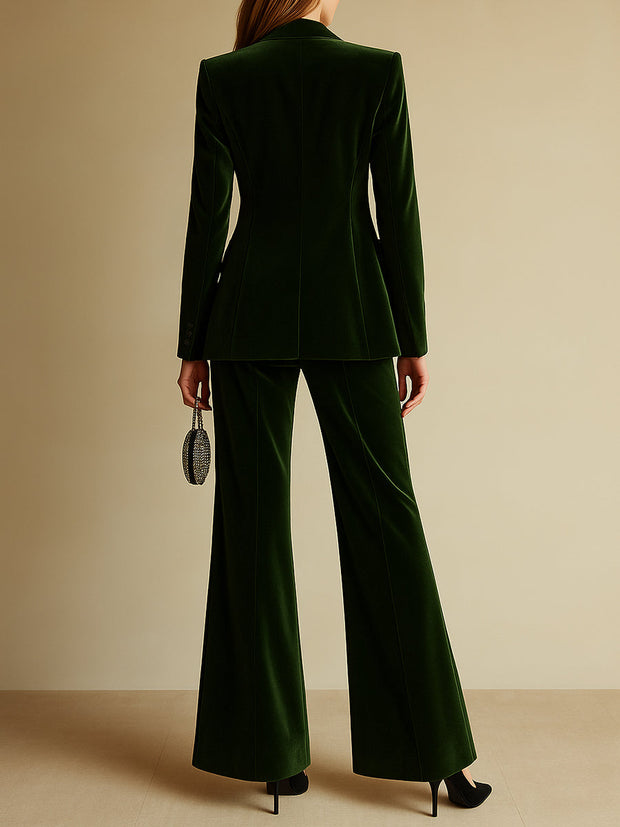 Elegant Women's Velvet Suit - Green Loose Fit Blazer and Wide-Leg Pants Set, Stylish Pant Suit for Women, Sizes S-4XL