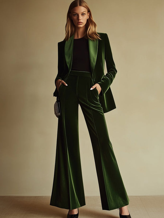Elegant Women's Velvet Suit - Green Loose Fit Blazer and Wide-Leg Pants Set, Stylish Pant Suit for Women, Sizes S-4XL