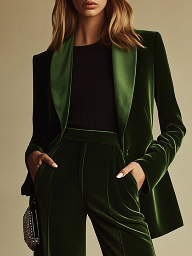 Elegant Women's Velvet Suit - Green Loose Fit Blazer and Wide-Leg Pants Set, Stylish Pant Suit for Women, Sizes S-4XL