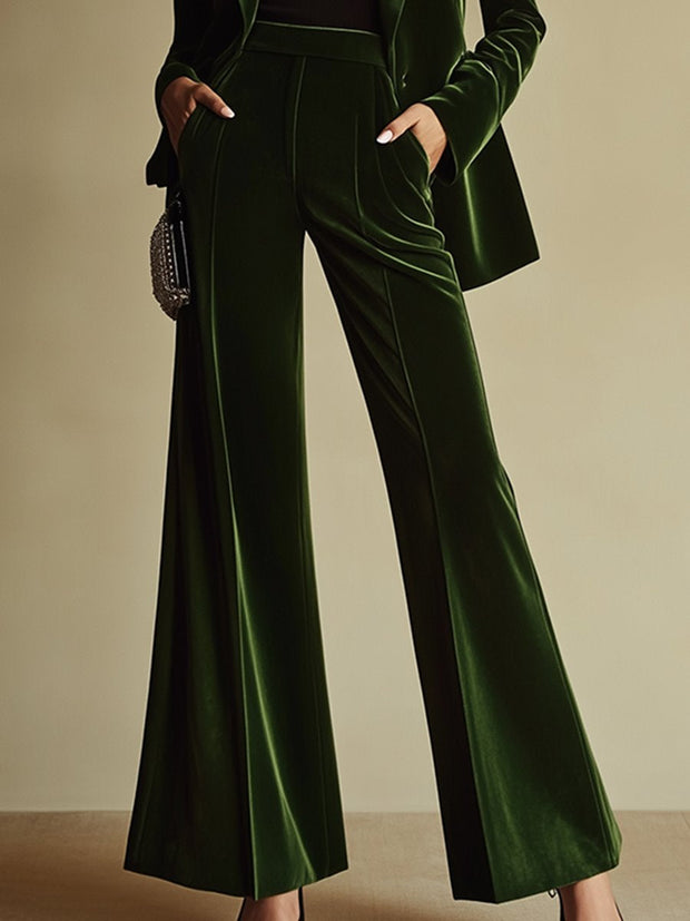 Elegant Women's Velvet Suit - Green Loose Fit Blazer and Wide-Leg Pants Set, Stylish Pant Suit for Women, Sizes S-4XL