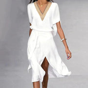 Elegant Women's White Midi Dress with V-Neck – Size M, Comfortable Polyester Fabric