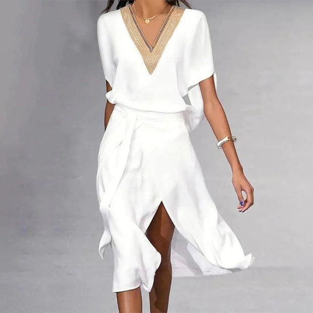 Elegant Women's White Midi Dress with V-Neck – Size M, Comfortable Polyester Fabric