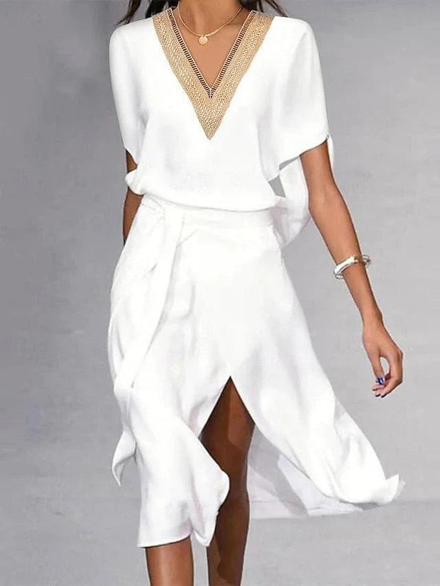 Elegant Women's White Midi Dress with V-Neck – Size M, Comfortable Polyester Fabric